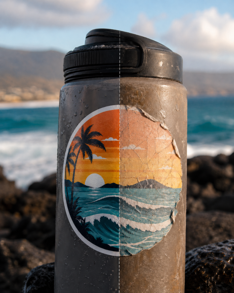 Pegatina de vinilo sobre botella resistente al agua y sol en Tenerife