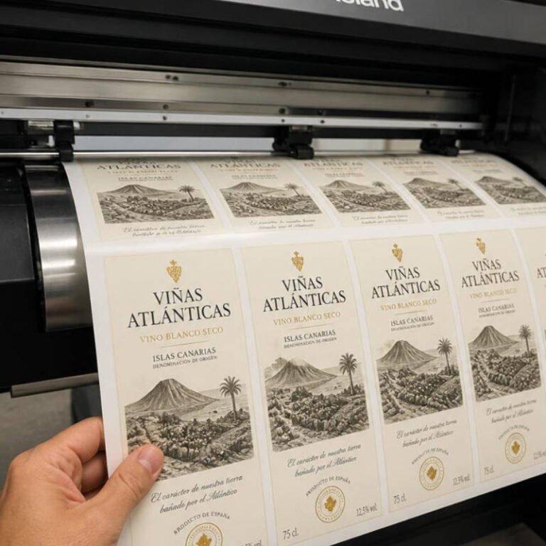 Nuestro plotter imprimiendo etiquetas adhesivas para vino en nuestro taller de Tenerife